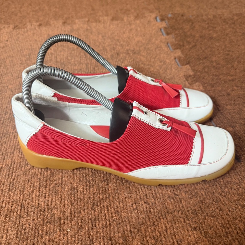 Linea Stretch by Walter Genuin Red White Leather Fabric Tassel Loafers Shoes 8.5